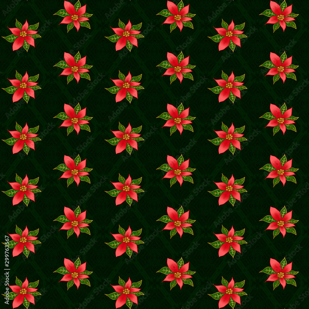 Christmas Poinsettia on a dark green background, seamless floral pattern