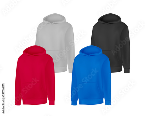Blank different colors mens hoodie sweatshirt long sleeve. Male hoody with hood front view. Vector template sport winter clothes for design mock up, print, isolated on white background