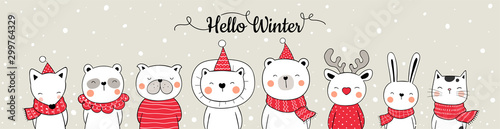 Draw banner web design cute animal in snow for Christmas.