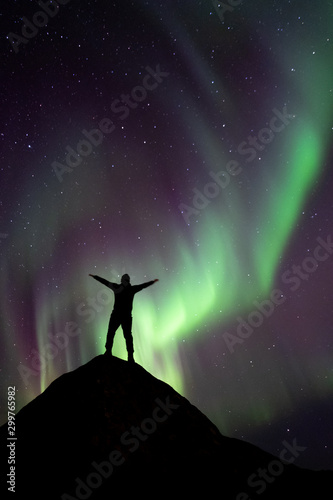 Silhouette of person and northern lights