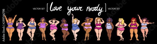 Vector colorful set of multiracial women in different poses. Various women dressed in swimwear isolated on black background. Body positive models