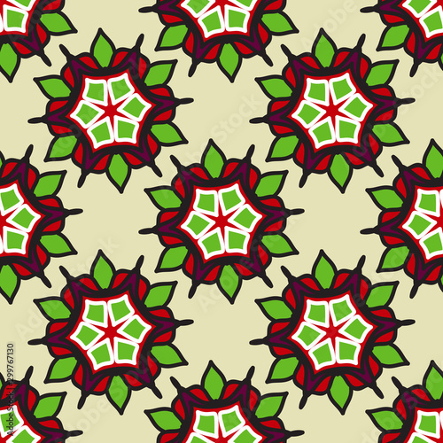 Bright seamless patterns with floral geometric elements.