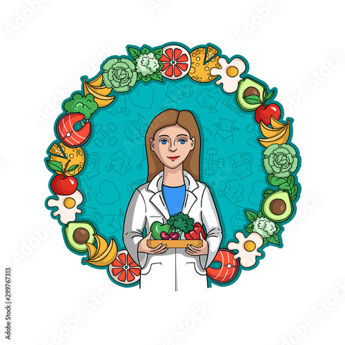 Vector colored poster with symbols of  nutrition and health. Nutritionist offering good food, fruits, vegetables