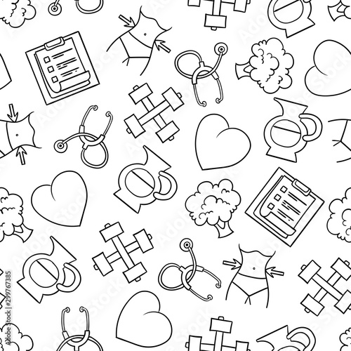 Vector seamless pattern with symbols of nutrition and health on white background. Weight loss