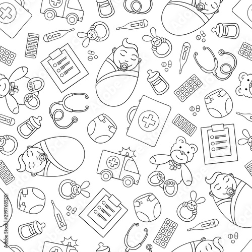 Vector seamless pattern on the theme of pediatrics and children's health on white background. Pattern wirh symbols of medicine