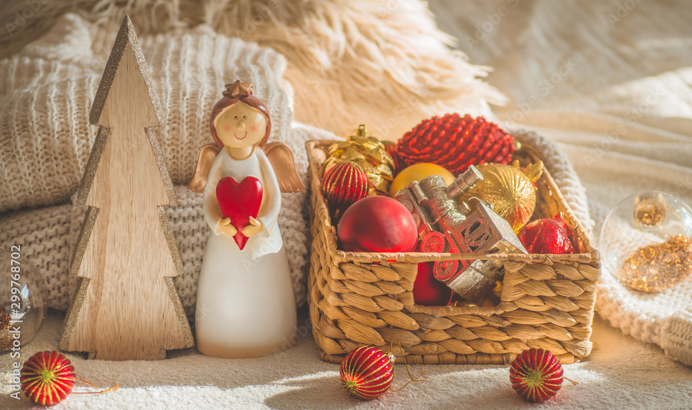 Winter mood, holiday decoration. Christmas decor. Still life details in home interior