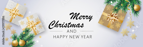 Christmas banner. Background Xmas objects viewed from above. Text Merry Christmas and happy New Year