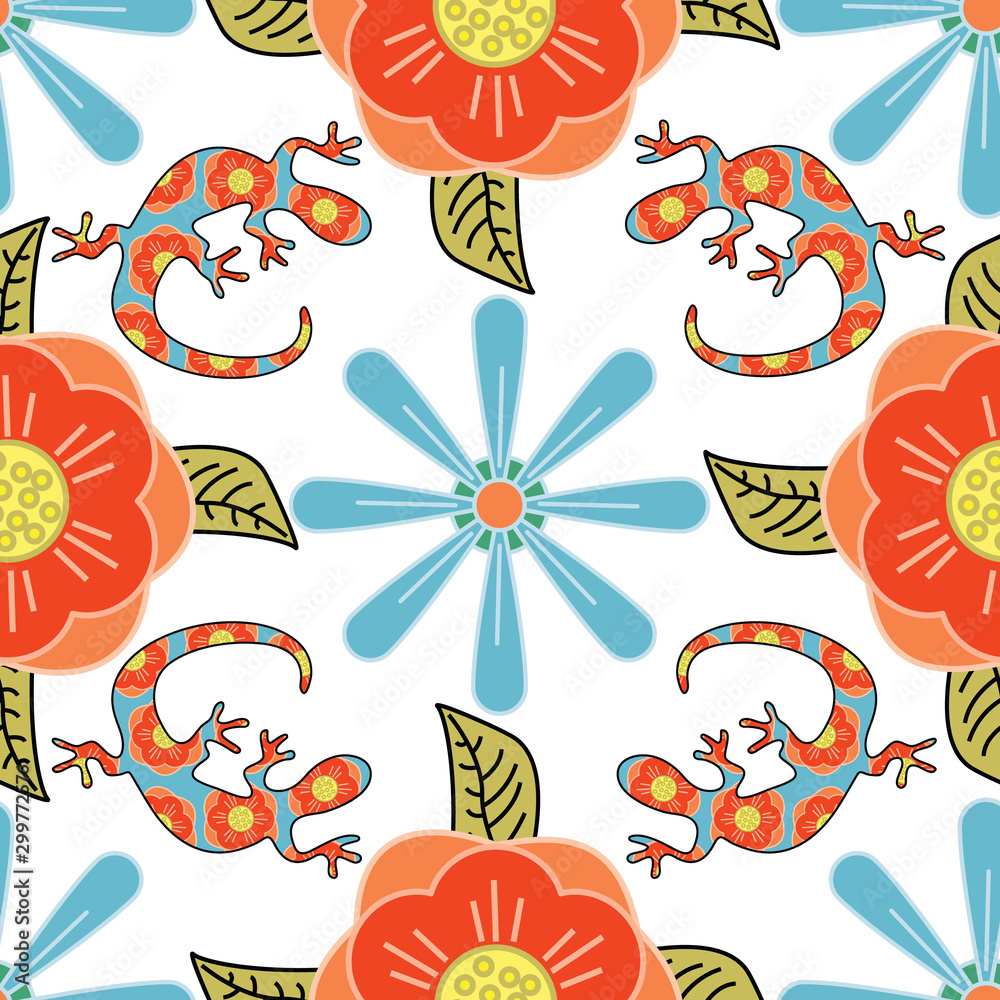 Vector Floral Lizards with Red and Blue Flowers, and Green Leaves on White Background Seamless Repeat Pattern. Background for textiles, cards, manufacturing, wallpapers, print, gift wrap and