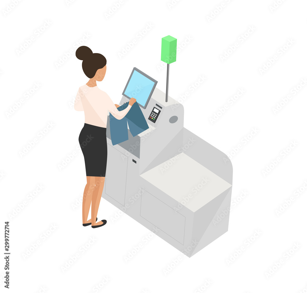 Self-service cashier or terminal isometric model. Woman customer is paying at the self-service counter using the touchscreen display. Self-service checkout vector concept