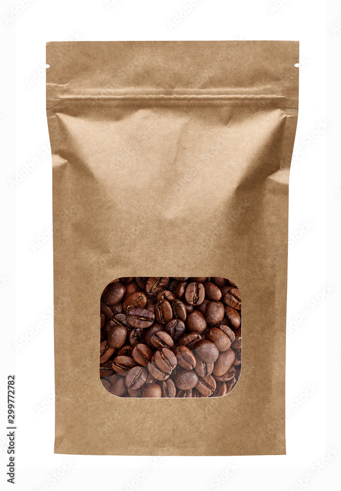 Blank brown kraft paper bag with coffee beans in transparent window on ...