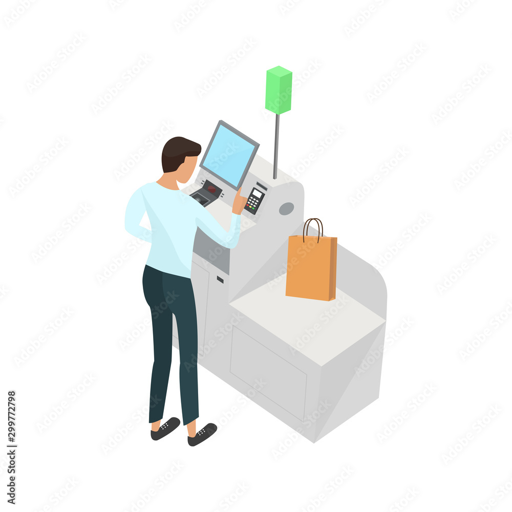 Self-service cashier or terminal isometric model. Young man customer is paying at the self-service counter using the touchscreen display. Self-service checkout vector concept Self-service cashier or terminal isometric model. Young man customer is paying at the self-service counter using the touchscreen display. Self-service checkout vector concept