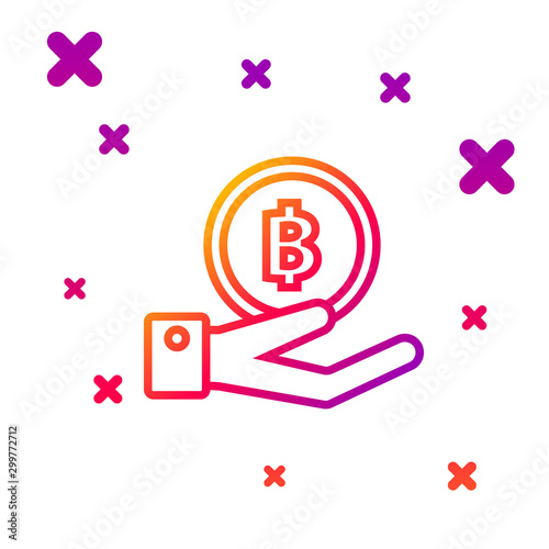 Color line Hand holding Bitcoin icon isolated on white background. Blockchain technology, digital money market, cryptocoin wallet. Gradient random dynamic shapes. Vector Illustration