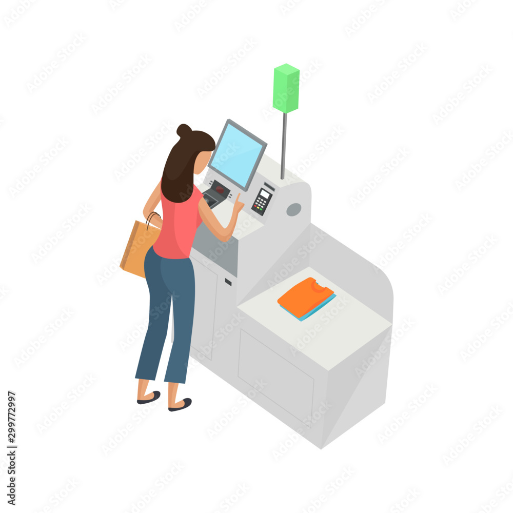 Self-service cashier or terminal isometric model. Woman customer is paying at the self-service counter using the touchscreen display. Self-service checkout vector concept Self-service cashier or terminal isometric model. Woman customer is paying at the self-service counter using the touchscreen display. Self-service checkout vector concept
