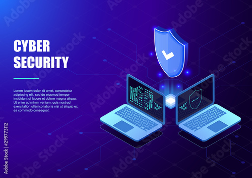 Isometric Protection network security and safe your data concept. Cybersecurity. Digital crime by an anonymous hacker. Data security concept, protected computer network. Vector illustration.