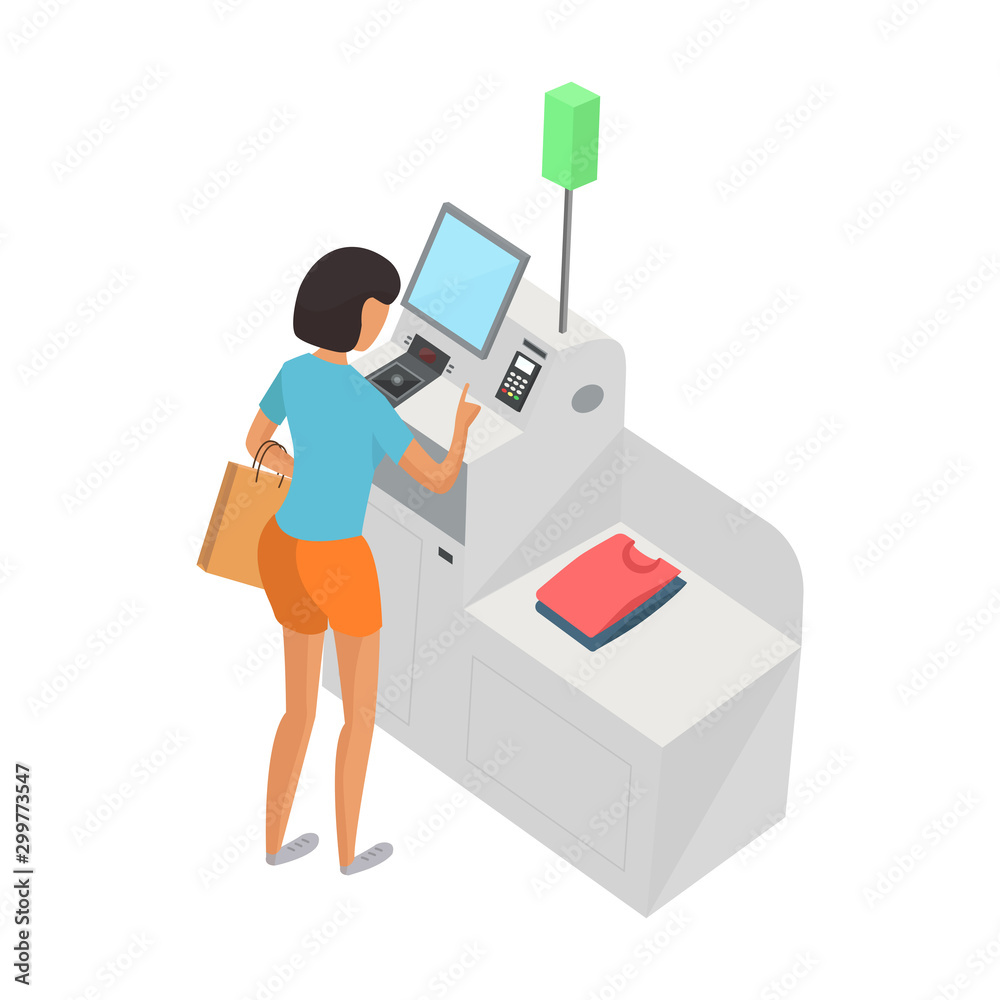 Self-service cashier or terminal isometric model. Woman customer is paying at the self-service counter using the touchscreen display. Self-service checkout vector concept Self-service cashier or terminal isometric model. Woman customer is paying at the self-service counter using the touchscreen display. Self-service checkout vector concept
