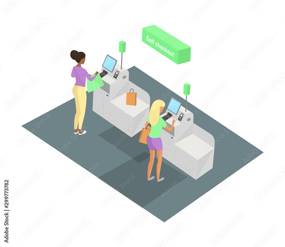 Isometric model of Self-service cashier or terminal zone. Two women are buying clothing at the self-service counter using the touchscreen display. Self-service checkout vector concept.