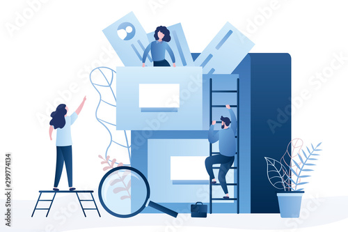 Quick files search. Document archiving and storage. Various business people and large storage.