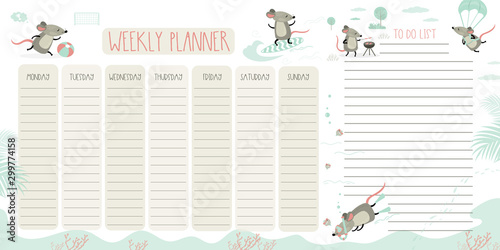 Weekly planner and to do list with cute rats, adorable wildlife animals. 2020 Year symbols. Template page