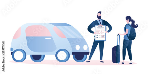 Woman traveller,modern car and clerk with rental agreement in hands.