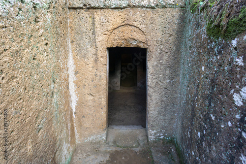 the entrance to an ancient Etruscan tomb  Etruscan necropolis  8th century b.C.  Cerveteri Rome Province  Italy. UNESCO World Heritage