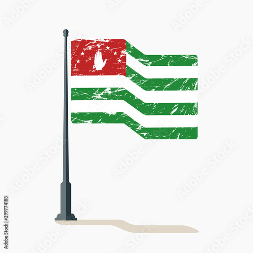 Abkhazian flag with scratches, vector flag of Abkhazia waving on flagpole with shadow.