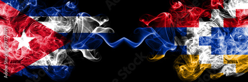 Cuba  Cuban vs Artsakh smoky mystic flags placed side by side. Thick colored silky travel abstract smokes banners.