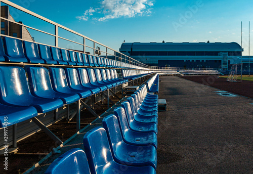 Rows of seats at youth stadium in Yoshkar-Ola city early morning. Yoshkar-Ola is the capital of Mari El republic in Russian Federation photo