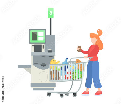 Self-service cashier or terminal. Yang Young woman customer is buying food at the self-service counter. Self-service checkout vector concept