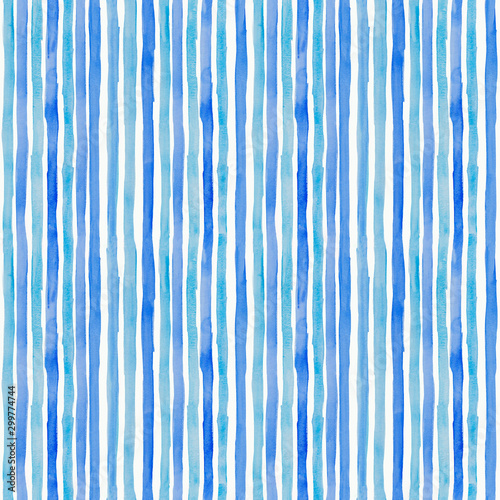 Seamless pattern with blue watercolor stripes. Drawn on paper. For the design of wallpaper, fabric, textile, napkins, printing.