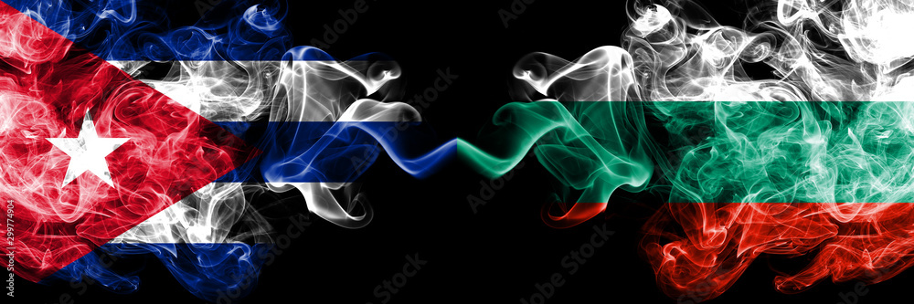 Cuba, Cuban vs Bulgaria, Bulgarian smoky mystic flags placed side by side. Thick colored silky travel abstract smokes banners. - obrazy, fototapety, plakaty 