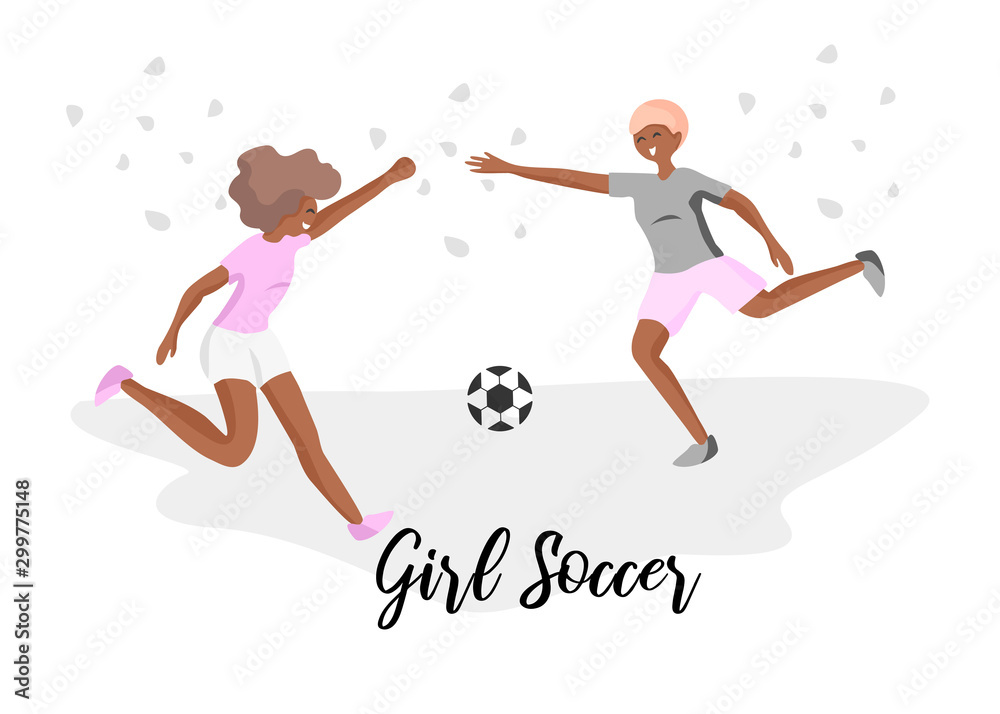 Two cute African American female football players isolated on white background. Happy women playing soccer. Flat concept of teenage girls kicking ball. Girl team playing soccer.