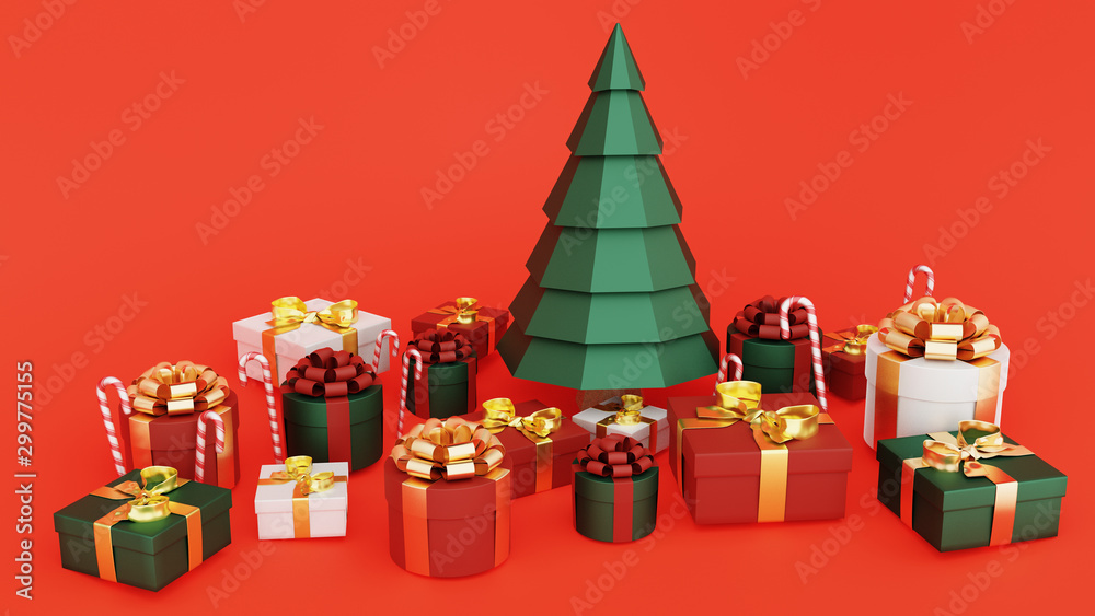 Christmas and New Year background. 3D rendering with christmas tree gift boxes and candys.