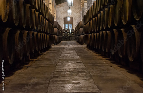 Production of fortified jerez  xeres  sherry wines in old oak barrels in sherry triangle  Jerez la Frontera  El Puerto Santa Maria and Sanlucar Barrameda Andalusia  Spain