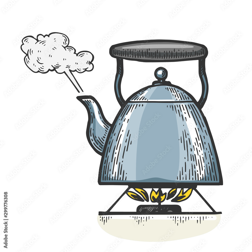 Boiling kettle teapot engraving vector illustration. Tshirt apparel