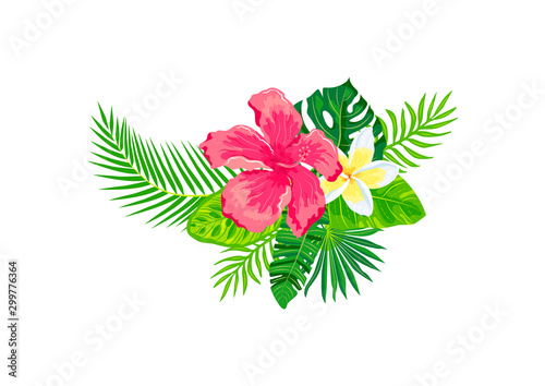 Tropical exotic leaves, hibiscus, plumeria flowers, vector illustration isolated on white background. Design element for poster, web, flyers, invitation, postcard, t-shirt, SPA, sticker.