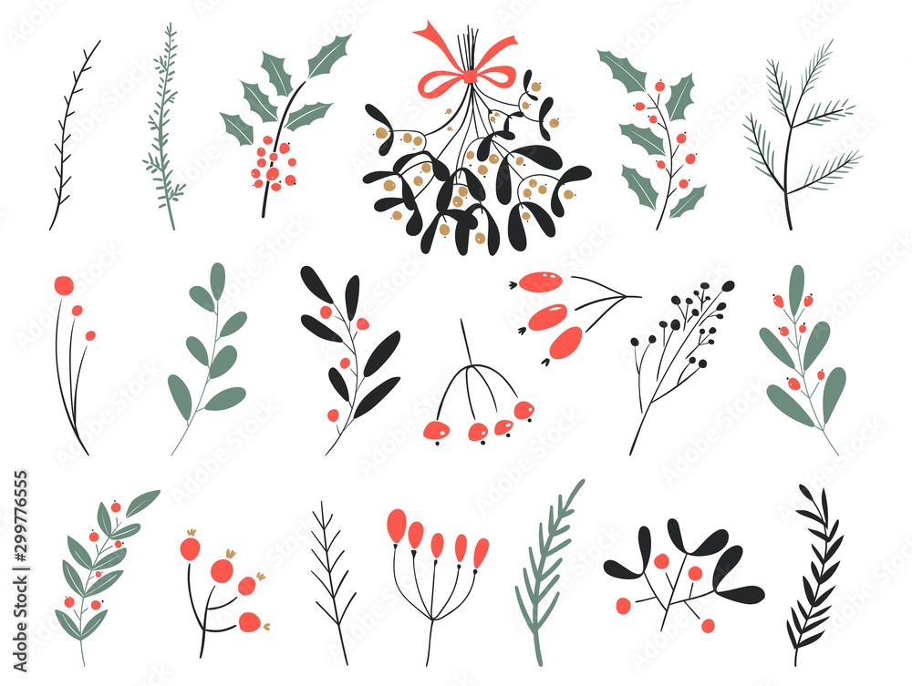 Naklejka Hand drawn vector winter elements. Christmas floral. Christmas branches. Perfect for invitations, greeting cards, posters, prints. Winter branches and leaves. Design objects.