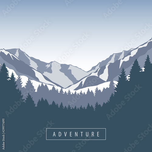 adventure snowy mountain and forest nature landscape vector illustration EPS10