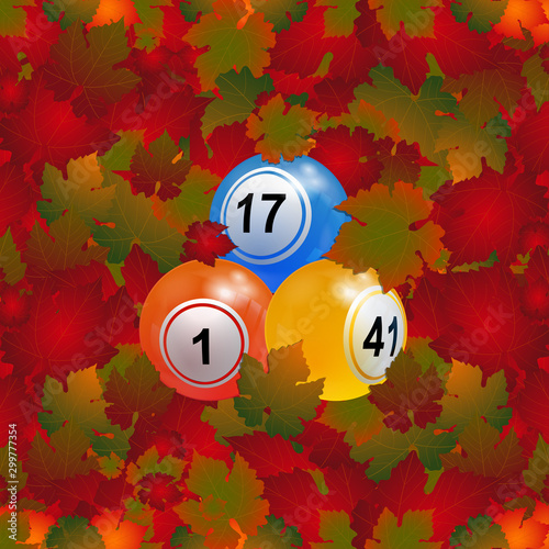 3D bingo lottery balls over autumn leafs background