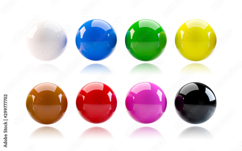 Colorful Billiards balls on white background with standard eight colors. 3D render of snooker pool balls object. ( Clipping path ) Colorful Billiards balls on white background with standard eight colors. 3D render of snooker pool balls object. ( Clipping path )