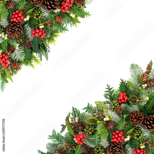 Christmas and winter border with holly, snow covered spruce fir, mistletoe, cedar and ivy leaves with pine cones on white background with copy space.