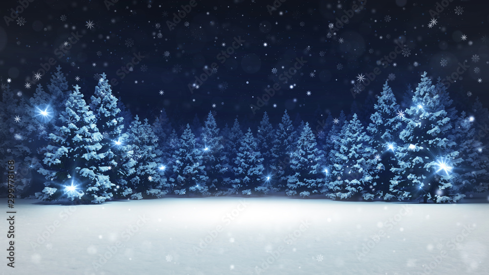 Snow covered winter forest under stormy snowfall and dark sky, seasonal 3D illustration and copy space background