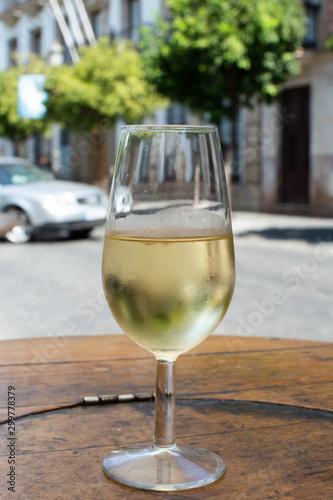 Sherry wine tasting  dry fino  manzanilla or palomino jerez fortified wine in glasses  Jerez de la Frontera  Andalusia  Spain