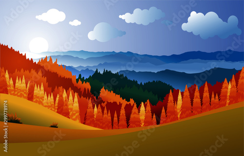 Vector illustration of autumn landscape with yellow, red,orange forest ,green  fields and mountains at sunset with beautiful white could and  blue sky.