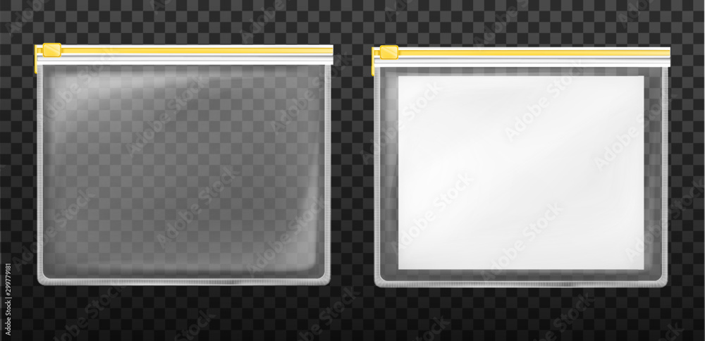 Vecteur Stock Plastic zip bags set, empty sealed pouch pocket with