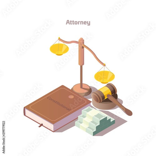 Justice and legislation attorney and judge attributes scales, constitution, wooden gavel and money stacks. Hammer with book of laws. Criminal and judgement verdict. Isometric 3d vector illustration