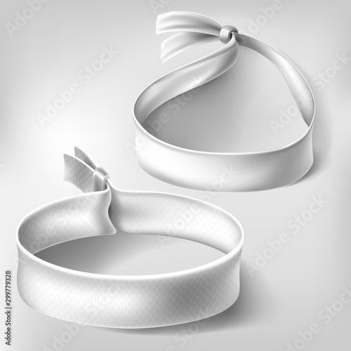 Wristband mockup set. Blank white paper or cloth bracelets with lock. Empty round hand event party wrist band mock up isolated. Clear concert bangle. Realistic 3d vector illustration, icon, clip art