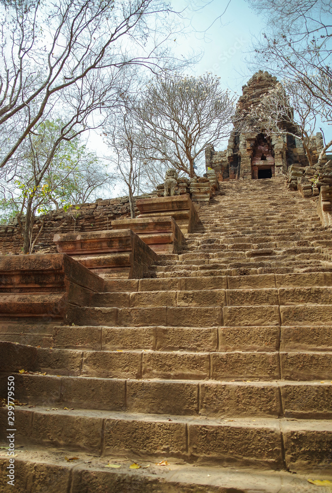 Steps and Gopura at entrance of Temple Wat Banan. Temple has been likened to a smaller version of the more imposing Angkor Wat. It is built in the 10th century. Cambodia, near Battambang city