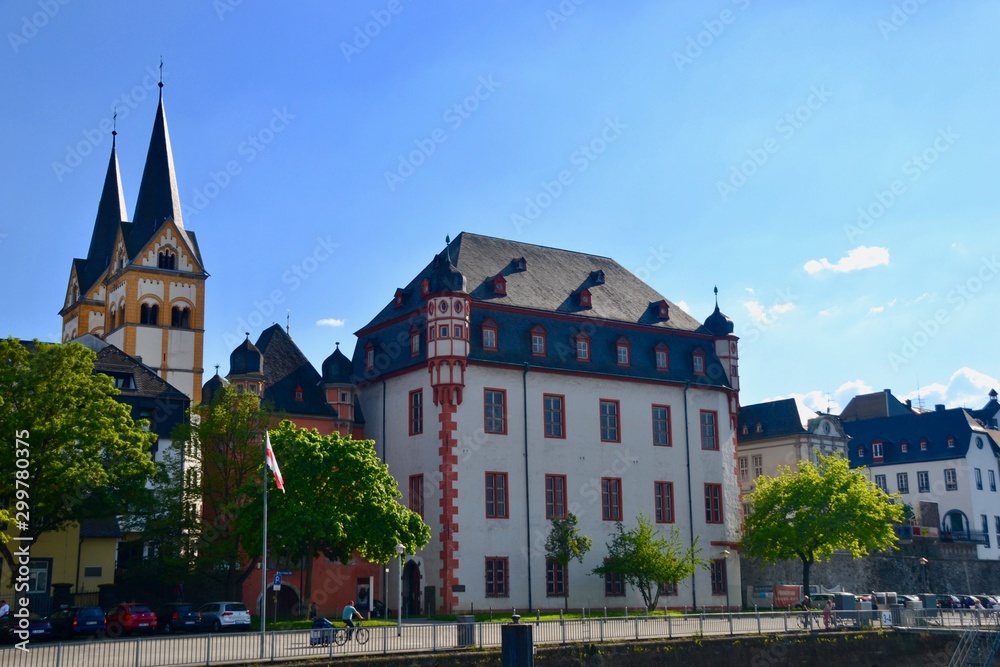 Florinskirche Twin Steeples and typical Koblenz Germany Architecture Florinskirche Twin Steeples and typical Koblenz Germany Architecture