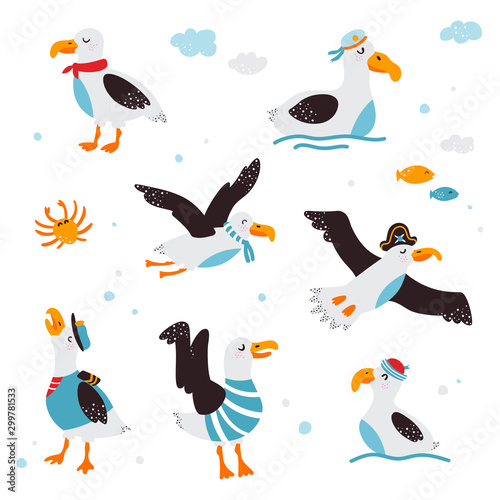 Set of funny baby pictures of albatross on a white isolated background. Vector illustration
