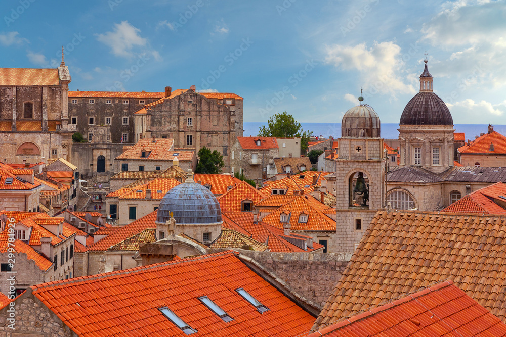 Dubrovnik town houses red roofs, Cathedral church architecture, Croatia
